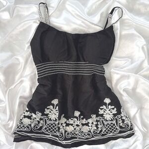 Heartsoul Black White Embroidered Empire Waist Cami Top Large Boho Lace Strap